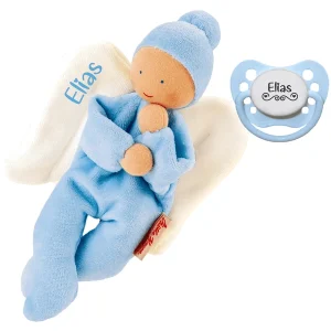 Schnullireich Geschenkset Käthe Kruse Schmusepuppe Nickibaby Engel Mit Namen + NIP Namensschnuller Blau 6