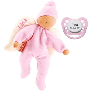 Schnullireich Geschenkset Käthe Kruse Schmusepuppe Nickibaby Engel Mit Namen + NIP Namensschnuller Rosa 6